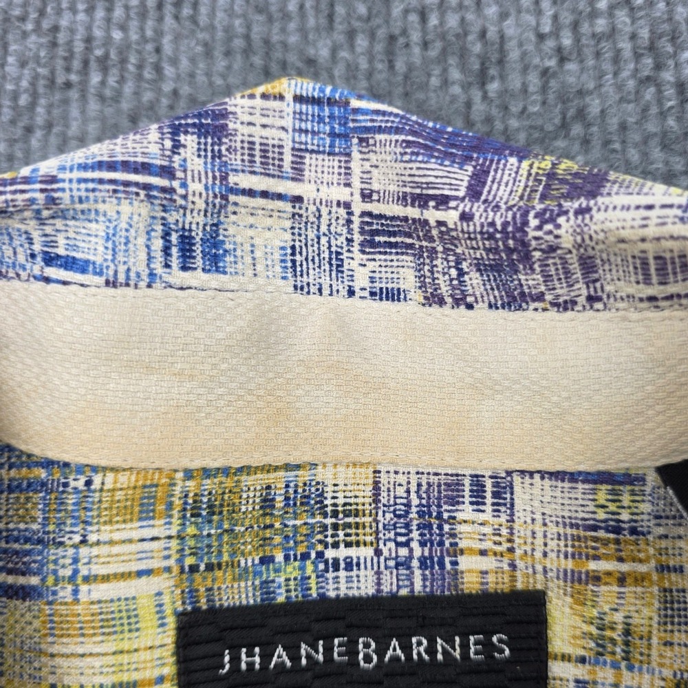 Jhane Barnes Mens XL Silk Short Sleeve Button Down Shirt Abstract Grid Blue Gold - Picture 7 of 7